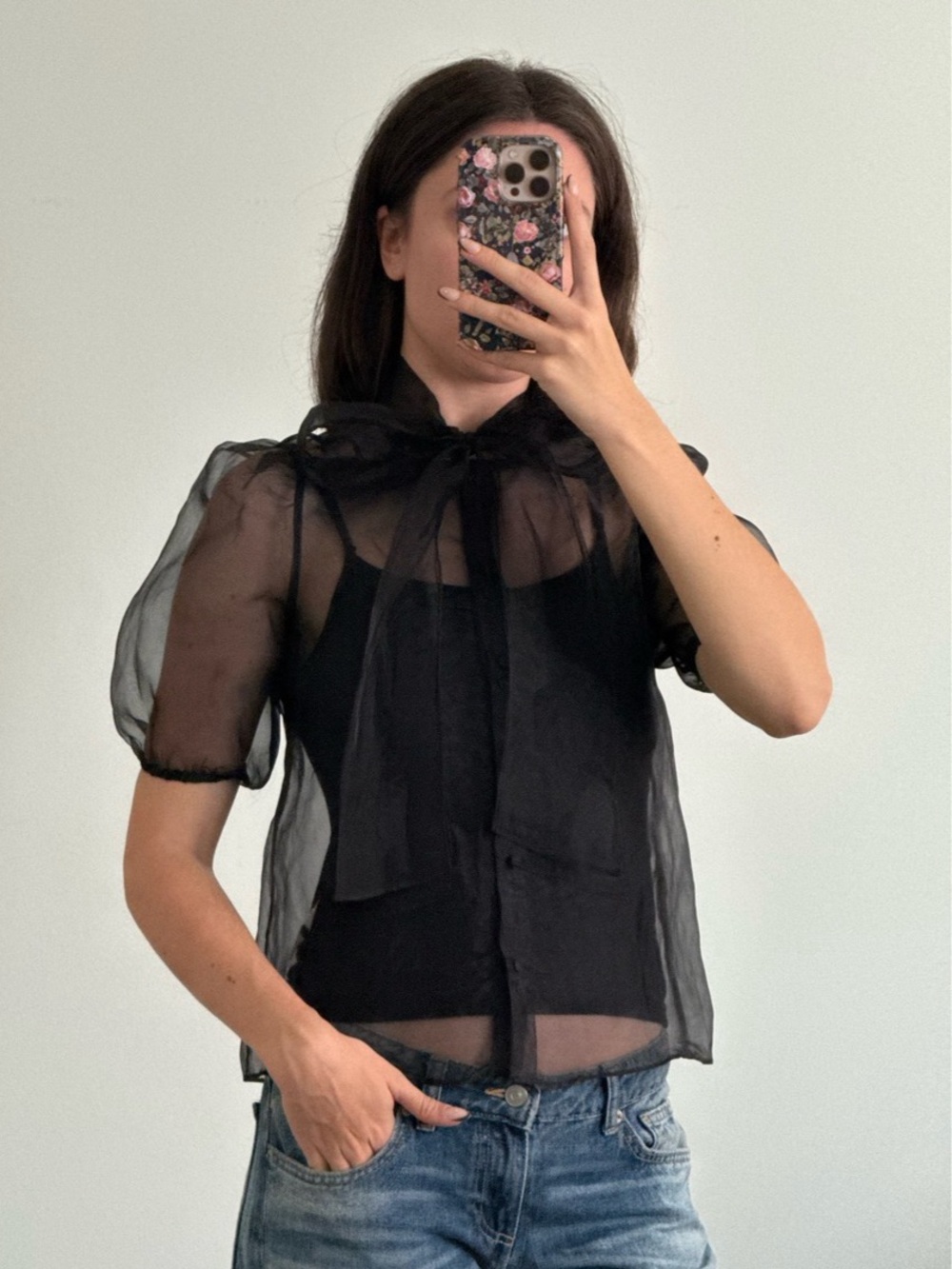 Joie Black Sheer Bow-Neck Puff Sleeve Blouse